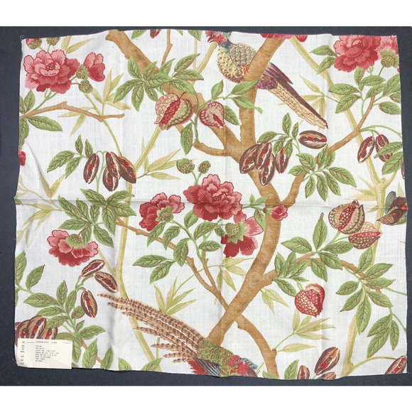 Lee Jofa Fabric CEYLON Off White Linen Birds Red Floral New Remnant 23" x 27" - Picture 1 of 6